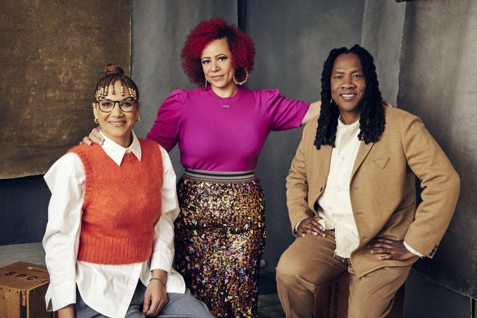 (L-R) Shoshana Guy, Nikole Hannah-Jones and Roger Ross Williams of Hulu's 'The 1619 Project' pose for TV Guide Magazine during the 2023 Winter Television Critics Association Press Tour at The Langham Huntington, Pasadena on January 14, 2023 in Pasadena, California.