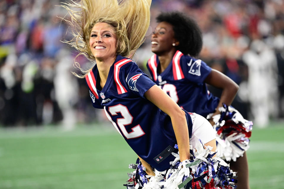 Sep 10, 2023; Foxborough, Massachusetts, USA; The New England Patriots cheerleaders entertain fans during the two minute warning during the second half against the Philadelphia Eagles at Gillette Stadium. Mandatory Credit: Eric Canha-USA TODAY Sports