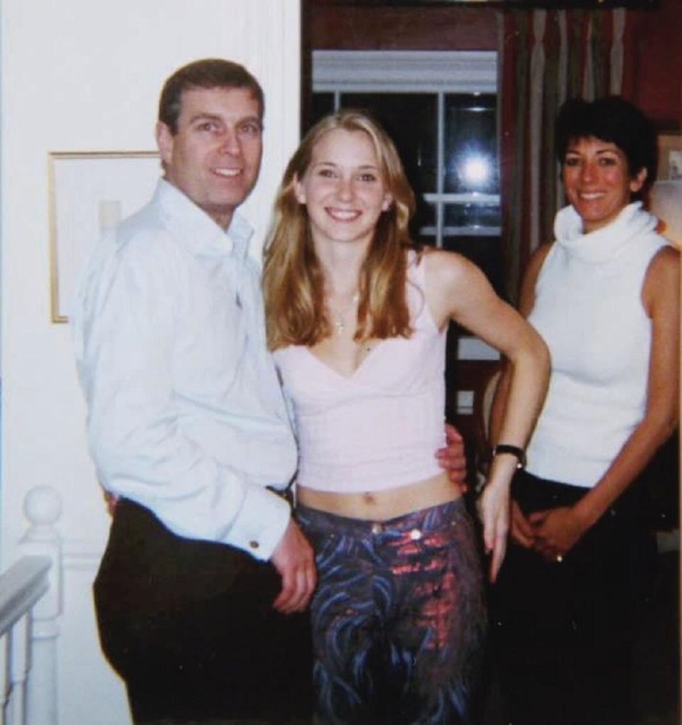 Undated handout photo issued by the US Department of Justice (left-right) of the Duke of York, Virginia Giuffre, and Ghislaine Maxwell. The well-known photograph showing the Duke of York next to Virginia Giuffre is reportedly genuine, according to evidence obtained by the Mail on Sunday. Said to be taken inside the Mayfair home of disgraced British socialite Ghislaine Maxwell, who was convicted of sex trafficking, the picture shows Andrew with his arm around Ms Giuffre. Issue date: Saturday January 28, 2023.