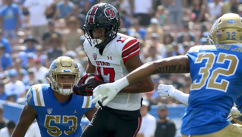Utah wide receiver Devaughn Vele looks for an opening during game against UCLA at the Rose Bowl in Pasadena, California, on Saturday, Oct. 8, 2022.