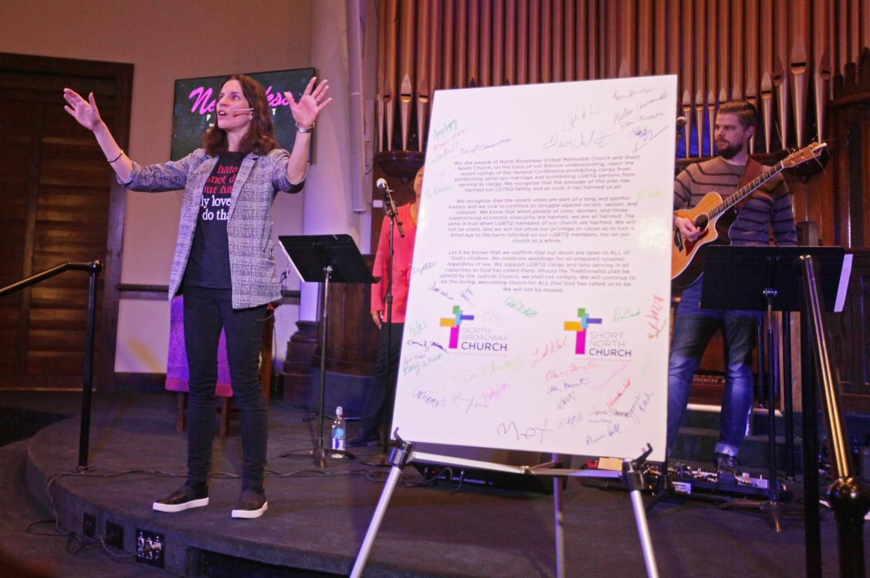 Short North Church pastor Amy Aspey speaks in favor of gay marriage and LGBTQ+ ministers in 2019. The Short North Church is a sister church of the North Broadway Church and remains within the United Methodist Church.