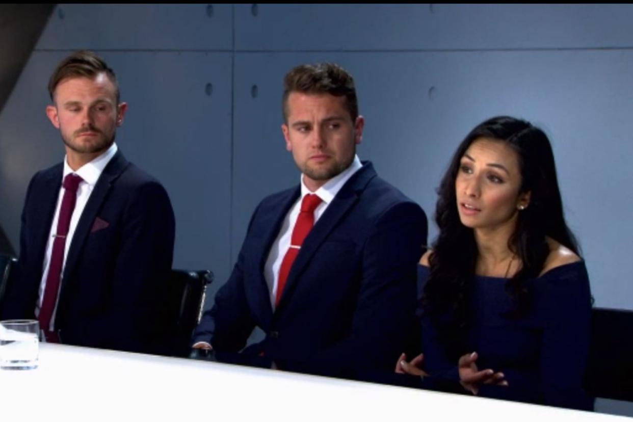 Boardroom: Frank Brooks, Tom Bunday and Jasmine Kundra were brought back to face Lord Sugar: BBC