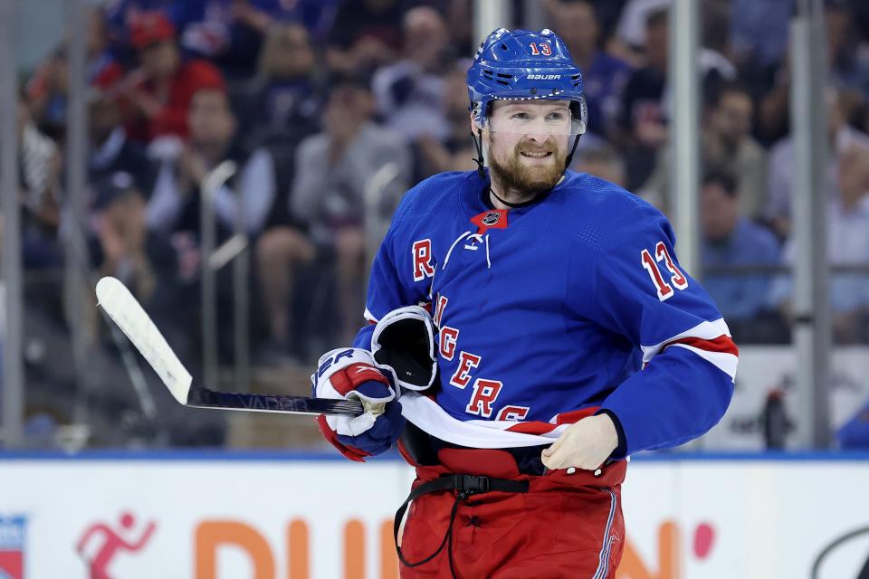 May 22, 2024; New York, New York, USA; New York Rangers left wing Alexis Lafreniere (13) skates against the Florida Panthers during the first period of game one of the Eastern Conference Final of the 2024 Stanley Cup Playoffs at Madison Square Garden. Mandatory Credit: Brad Penner-USA TODAY Sports