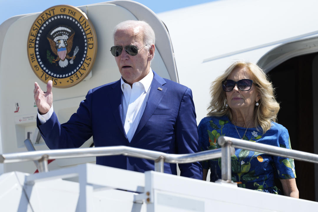 President Biden and first lady Jill Biden disembark from Air Force One at Harrisburg International Airport.