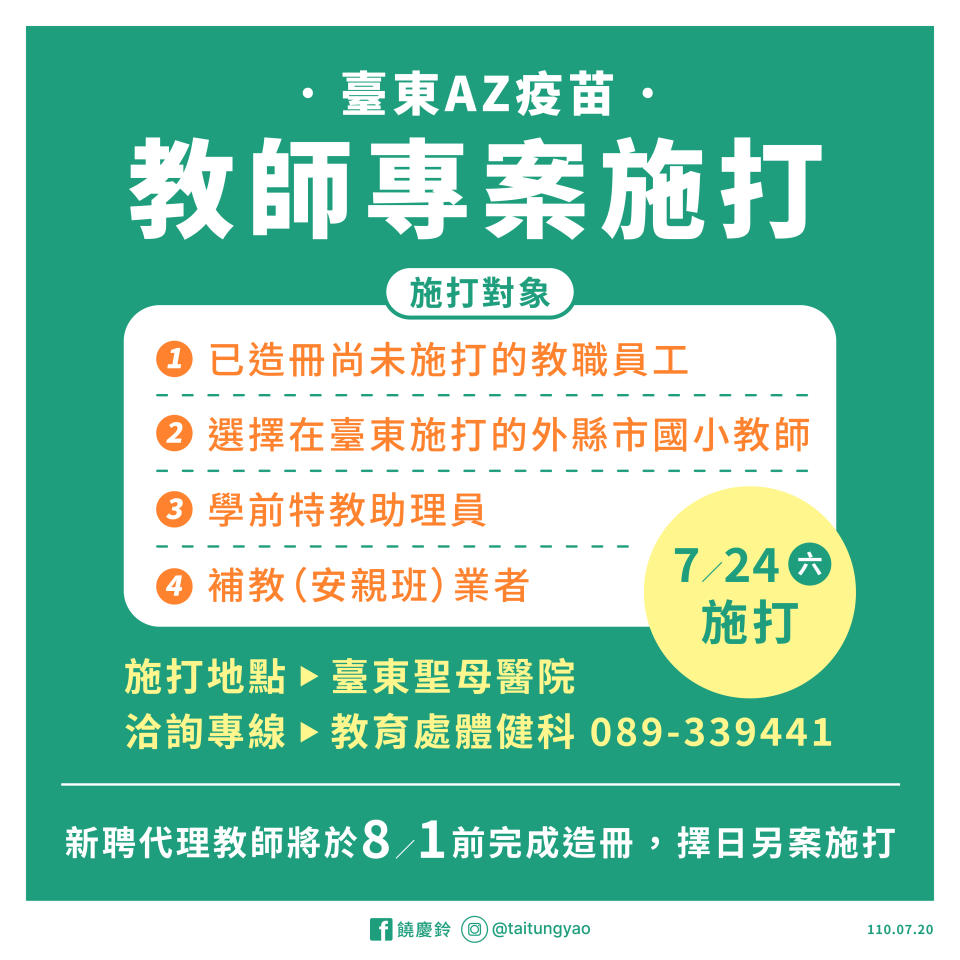 臺東新一批教師疫苗24日施打，新聘代理教師8月前完成造冊。