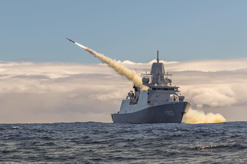 Royal Netherlands Navy De Zeven Provinciën-class frigate HNLMS Tromp fires a Harpoon missile during a long-planned live-fire sinking exercise as part of Exercise Rim of the Pacific (RIMPAC) 2024.