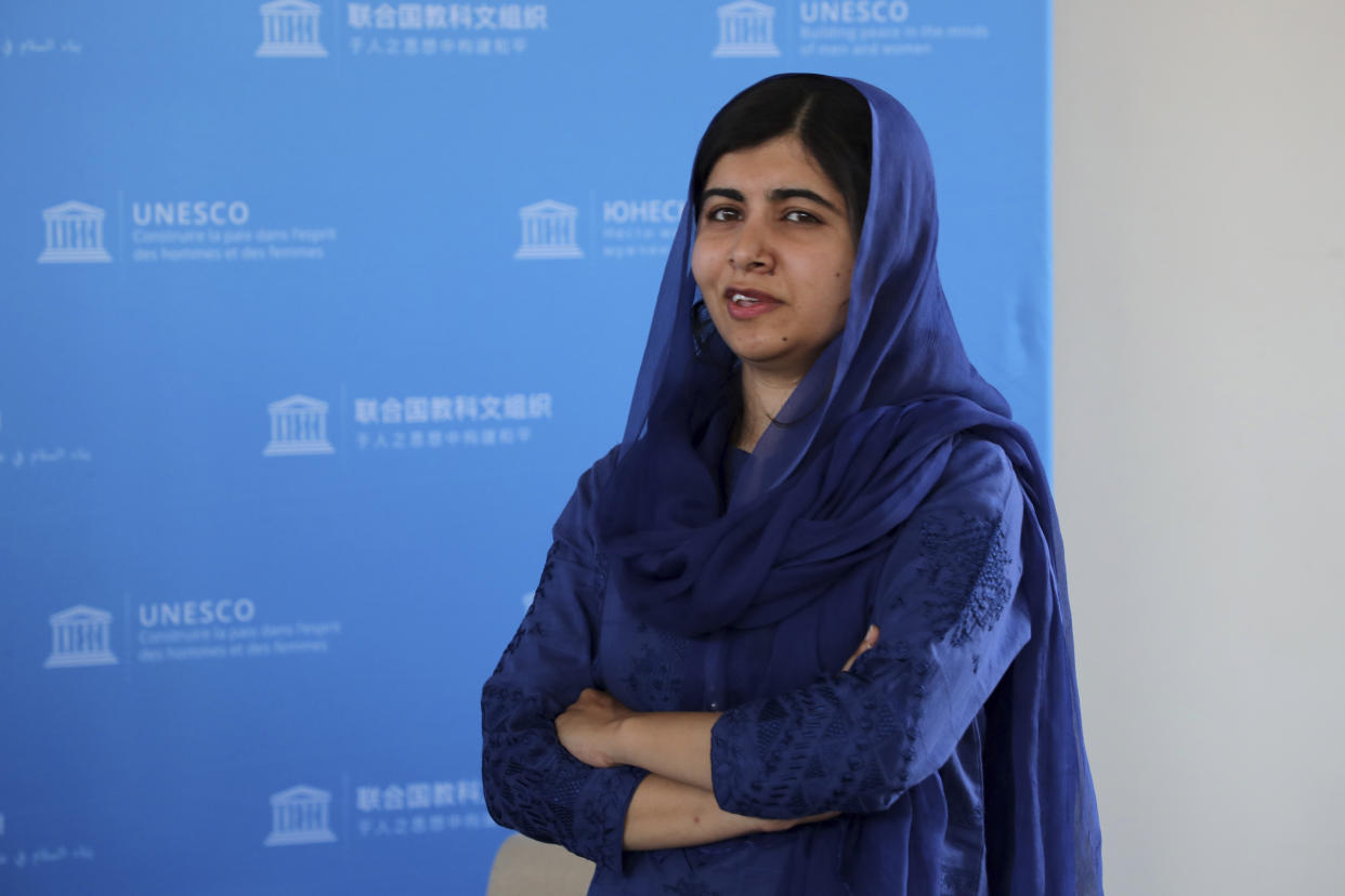 Nobel Laureate Malala Yousafzai poses for photographs during the Education and Development G7 ministers Summit, in Paris, France, Friday July 5, 2019. France is hosting the rotating presidency of the G7 in 2019. The 45th G7 Summit will be held in August in Biarritz. (Christophe Petit Tesson/pool via AP)