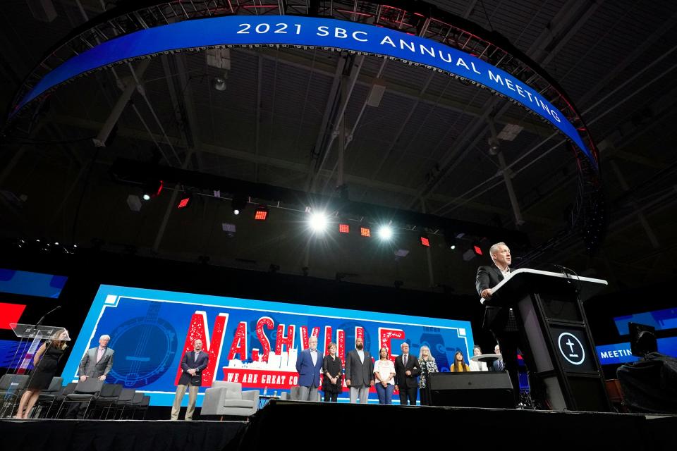 In this 2021 photo, outgoing Southern Baptist Convention President J. D. Greear speaks at the conclusion of the denomination's annual meeting in Nashville, Tennessee.