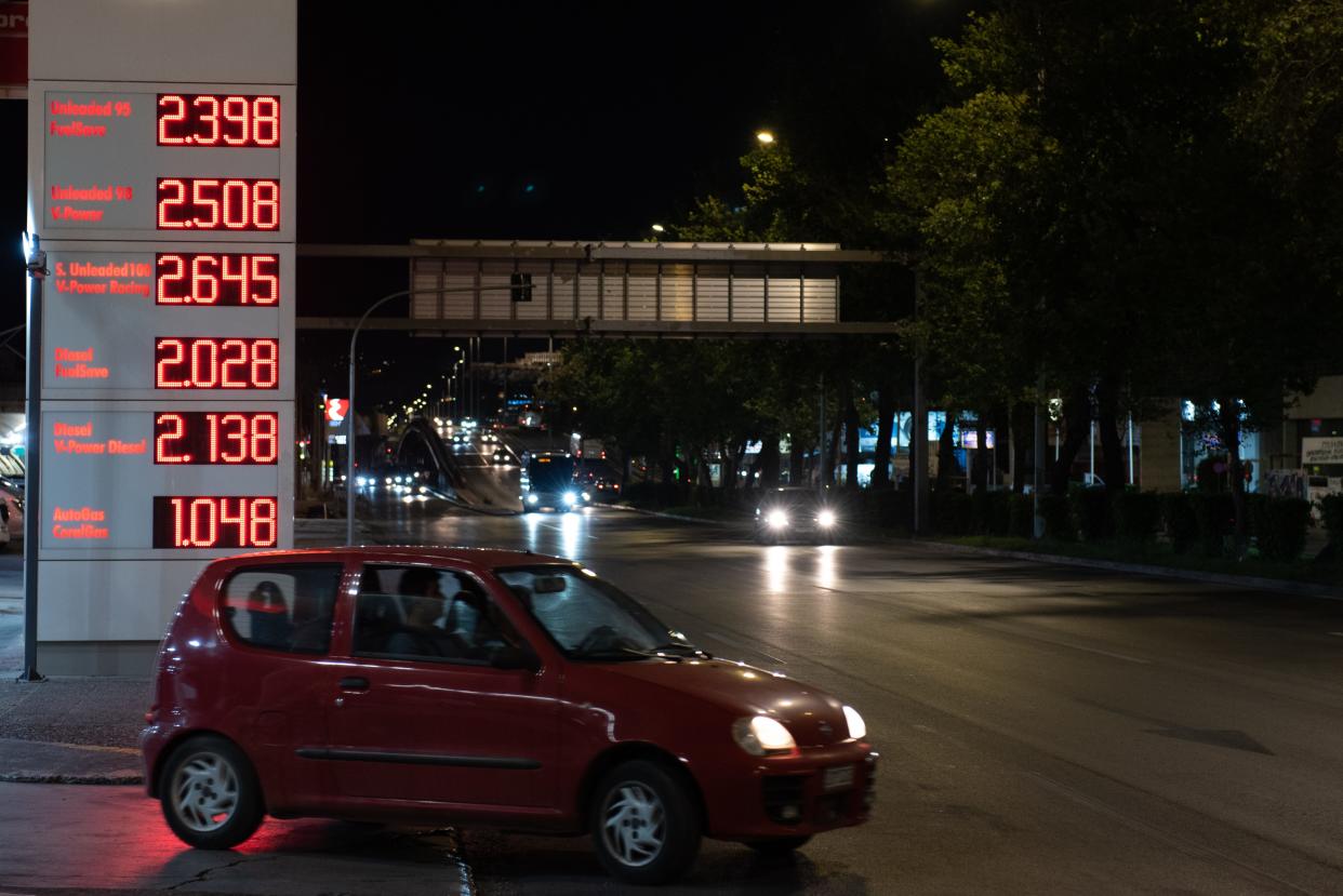 Gas prices displayed at a gas station. Gas prices hit record highs in Athens, Greece.