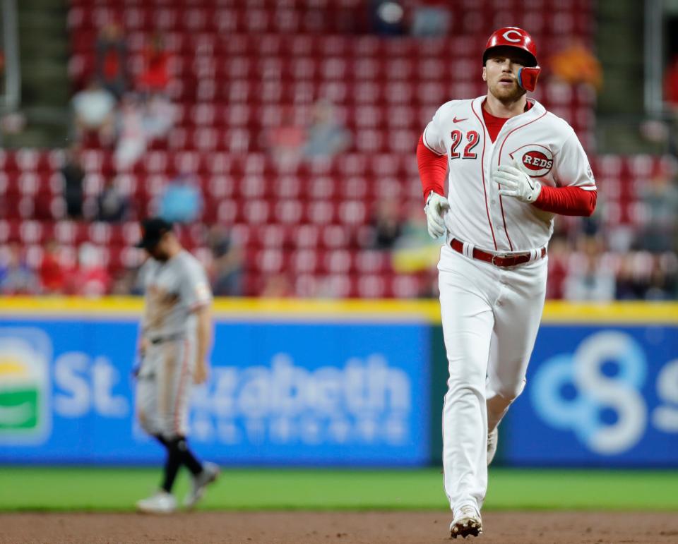 May 27, 2022; Cincinnati, Ohio, USA; Cincinnati Reds third baseman Brandon Drury (22) rounds the bases after hitting a solo home run against the San Francisco Giants during the fifth inning at Great American Ball Park. Mandatory Credit: David Kohl-USA TODAY Sports