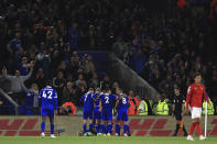 Leicester players celebrate after Patson Daka scored his side's fourth goal during an English Premier League soccer match between Leicester City and Nottingham Forest at the King Power Stadium in Leicester, England, Monday, Oct. 3, 2022. (AP Photo/Leila Coker)