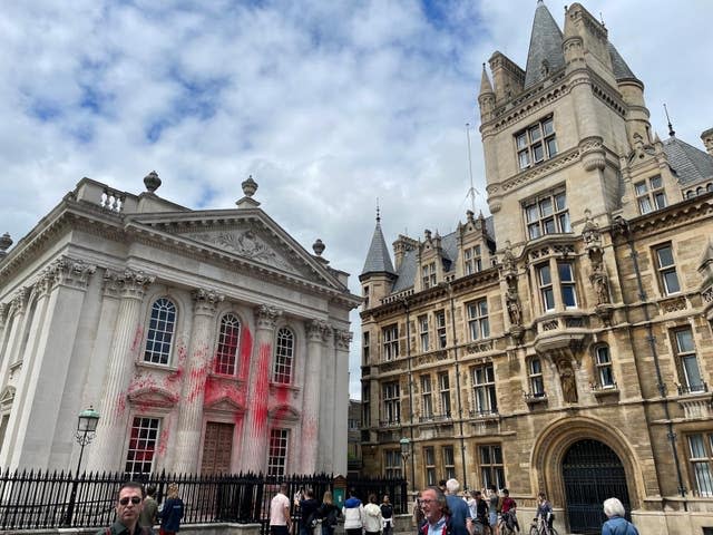 Senate House in Cambridge after pro-Palestinian protesters sprayed red paint on the historic building at the University of Cambridge