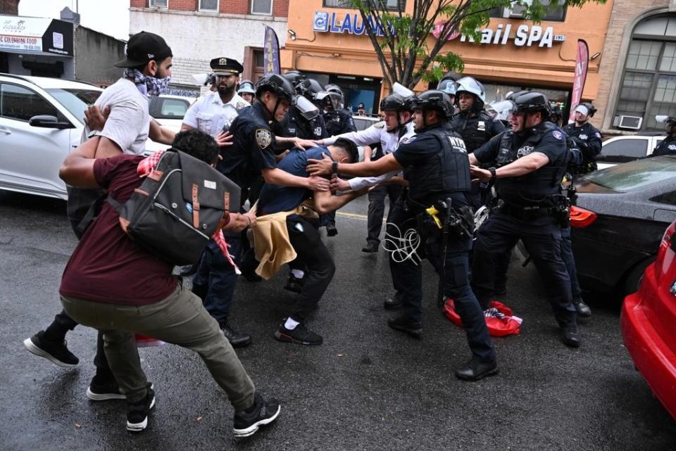 Images from the Nakba Day demonstration in Bay Ridge show cops scuffling with rowdy protesters. Paul Martinka