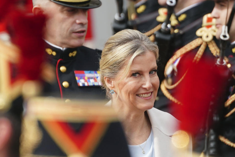 Britain's Sophie, the Duchess of Edinburgh attends as troops from France's 1er Regiment de le Garde Republicaine partake in the Changing of the Guard ceremony at Buckingham Palace, to commemorate the 120th anniversary of the Entente Cordiale - the historic diplomatic agreement between Britain and France which laid the groundwork for their collaboration in both world wars, in London, Monday, April 8, 2024. France is the first non-Commonwealth country to take part in the Changing of the Guard. (Victoria Jones/Pool Photo via AP)