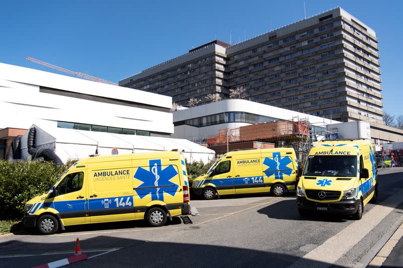 FILE PHOTO: Ambulances are pictured in front of a temporary space for patients at the CHUV in Lausanne