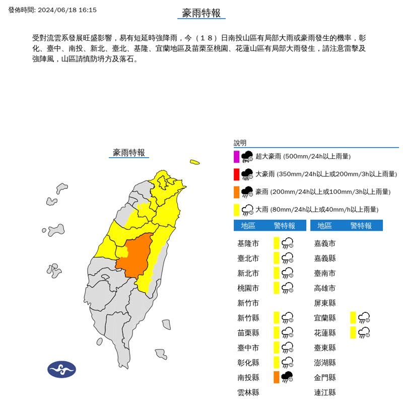 11縣市豪、大雨特報。（圖／翻攝自中央氣象署）