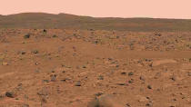 <p>This image, cropped from a larger panoramic image mosaic taken by the Mars Exploration Rover Spirit panoramic camera, released by NASA March 18, 2004, shows the rover’s destination toward the hills nicknamed the “Columbia Hills.” The rover is currently positioned outside the view of this image, on the right. (Photo: NASA/Cornell/Reuters) </p>