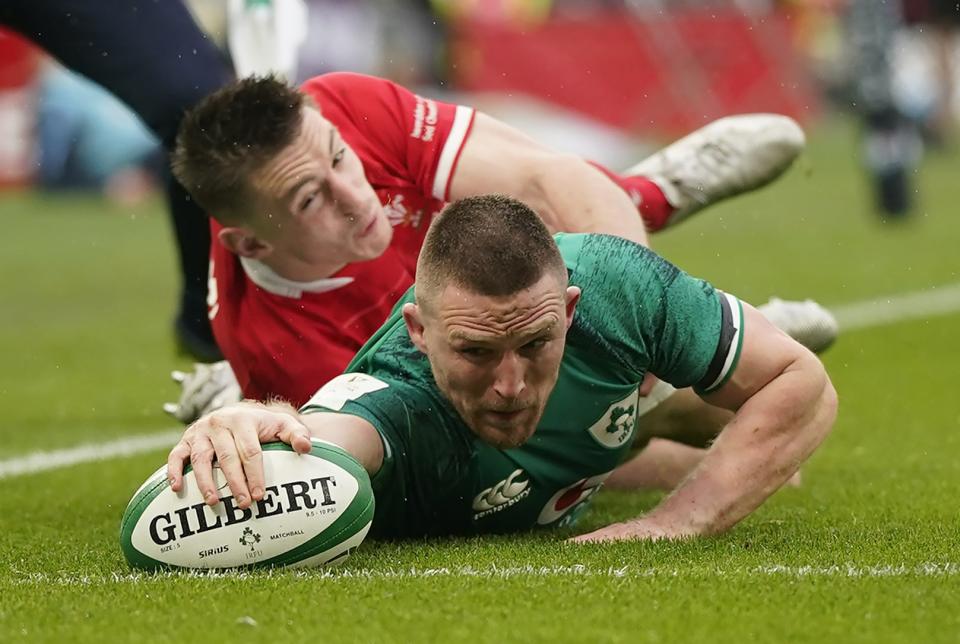 Ireland’s Andrew Conway touches down during his side’s 29-7 Six Nations victory over Wales at the Aviva Stadium (Niall Carson/PA) (PA Wire)