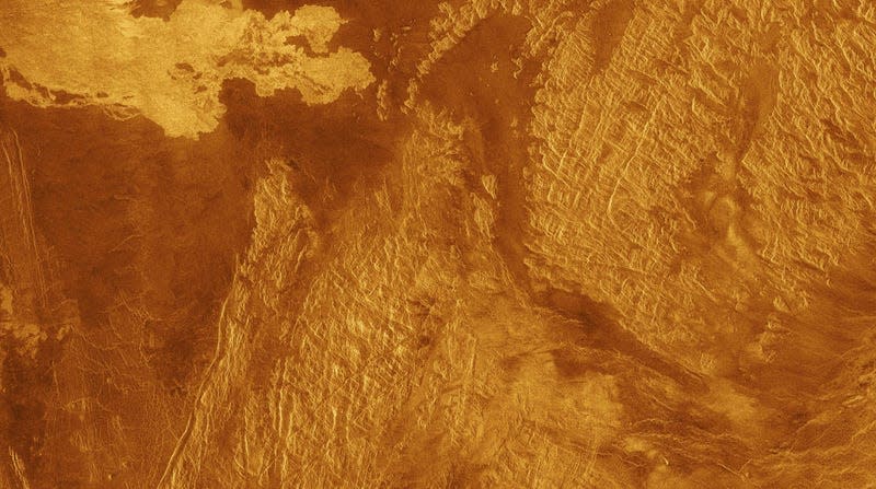 A false-color image of ancient, crinkly tesserae on Venus, produced with Magellan radar data. 