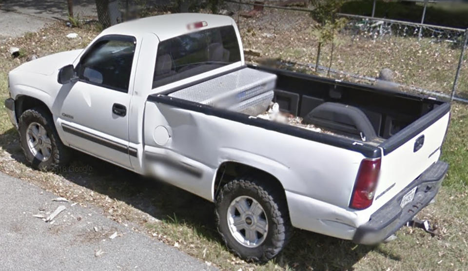 This undated photo provided by the Texas Department of Criminal Justice shows white Chevy pickup truck reportedly taken from a family by escape prisoner Gonzalo Lopez. Lopez, a convicted murderer on the run since escaping a prison bus after stabbing its driver last month, was fatally shot by law enforcement late Thursday, June 2, 2022, in Jourdanton, Texas, after he killed a family of five and stole their pickup truck from a rural weekend cabin, a Texas prison system spokesman said. (Texas Department of Criminal Justice via AP)