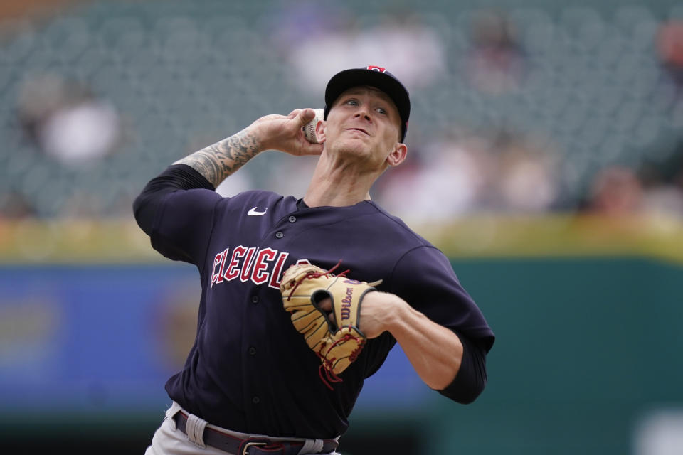 Cleveland Guardians starting pitcher Zach Plesac throws during the sixth inning of a baseball game against the Detroit Tigers, Thursday, Aug. 11, 2022, in Detroit. (AP Photo/Carlos Osorio)