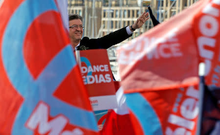 Jean-Luc Melenchon of the French far left Parti de Gauche and candidate for the 2017 French presidential election delivers a speech during a political rally in Marseille, France, April 9, 2017. REUTERS/Jean-Paul Pelissier