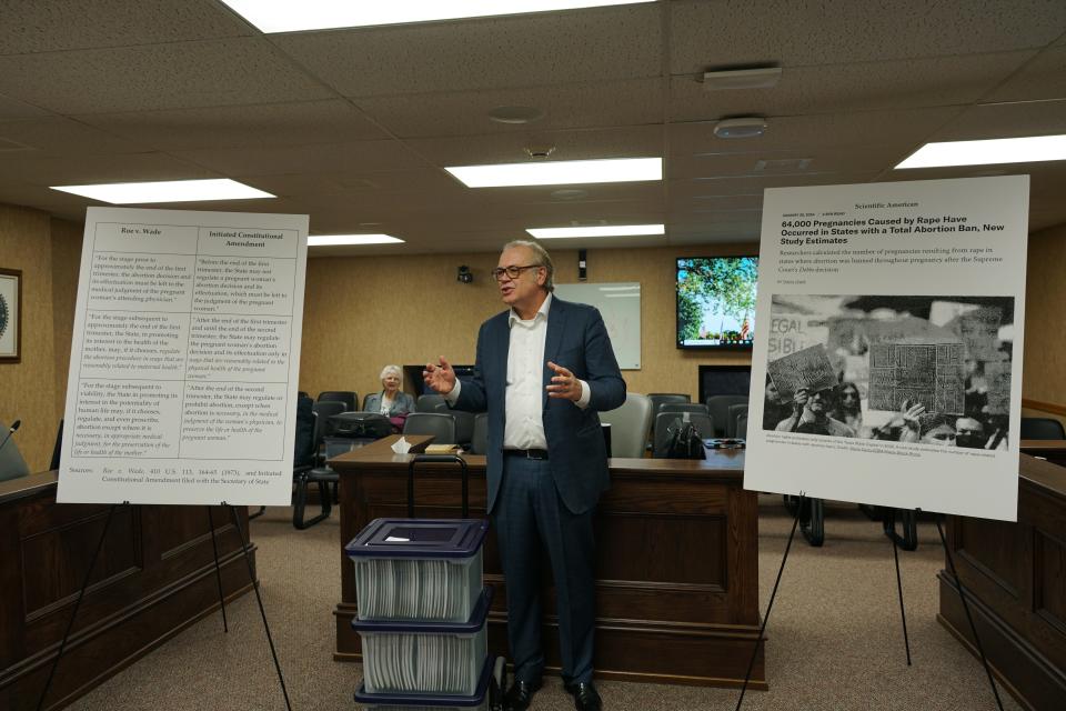 Rick Weiland, executive director of Dakotans 4 Health, speaks about the proposed abortion ballot initiative with reporters in Pierre on Wednesday, Feb. 7, 2024.