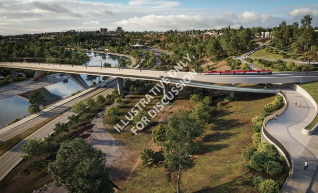 The design of the bridge carrying the Green Line over the Bow River shows that it will not include a support pier in the river. 