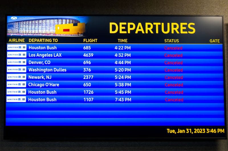 Flight information is displayed at the Austin-Bergstrom International Airport on January 31, 2023 in Austin, Texas. Many flights have been delayed and cancelled due to a winter storm passing through portions of Texas. 