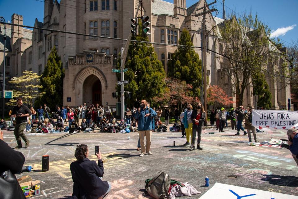 Pro-Palestinian protesters gather at a street intersection at Yale University in New Haven, Conn., on April 22, 2024.<span class="copyright">Adrian Martinez Chavez—The New York Times/Redux</span>