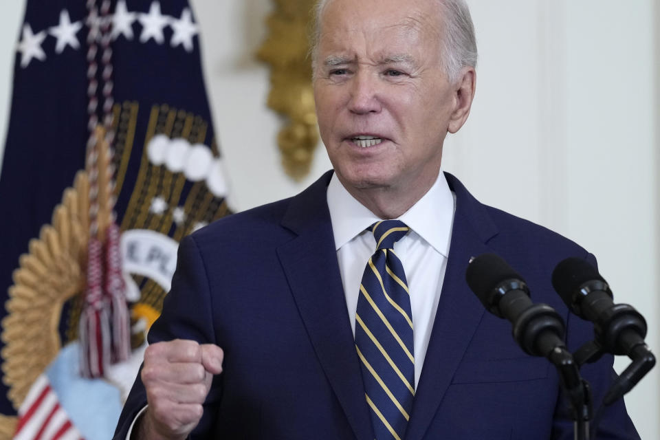 FILE - President Joe Biden speaks in the East Room of the White House in Washington, July 25, 2023. The Biden administration has announced the first cancer-focused initiative under its advanced health research agency. It's aiming to help doctors more easily distinguish between cancerous cells and healthy tissue during surgery and improve patient outcomes. (AP Photo/Susan Walsh, File )