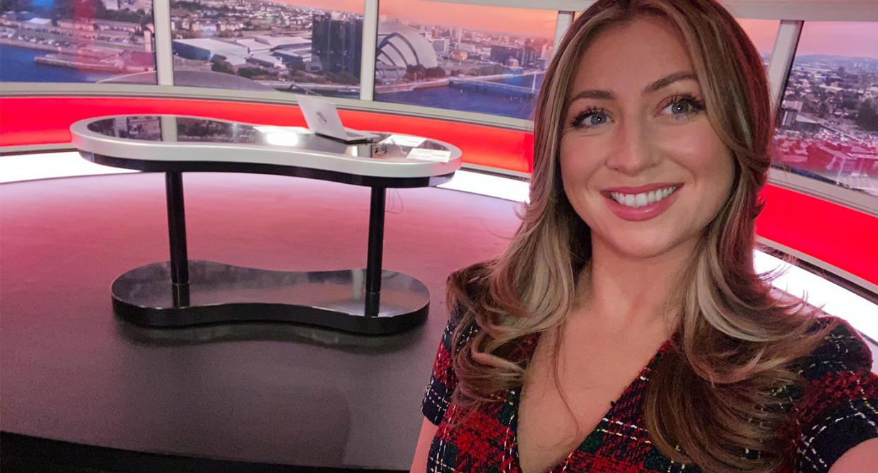 BBC presenter who had sepsis pictured back at work. (Supplied/@SarahMcMullanTV)