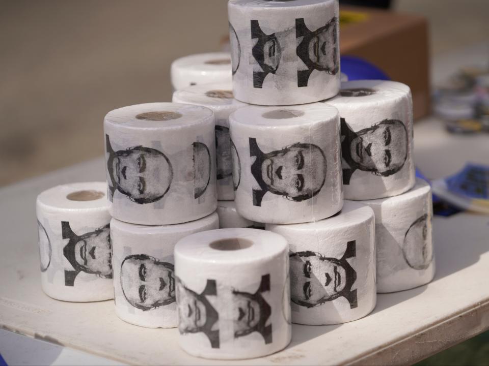 Rolls of Putin toilet paper in Los Angeles (Damian Dovarganes/AP)