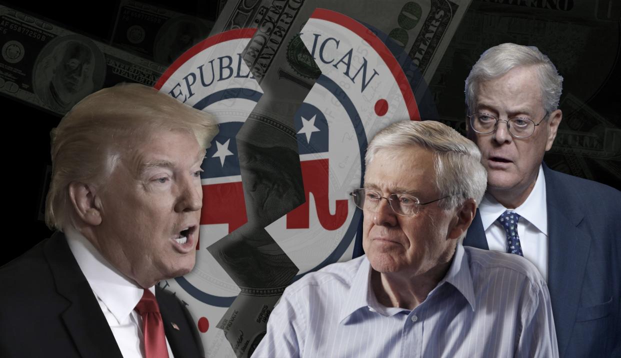 From left, Donald Trump, Charles Koch and David Koch. (Photo illustration: Yahoo News, photos: Evan Vucci/AP, Bo Rader/Wichita Eagle/MCT via Getty Images, Phelan M. Ebenhack/AP, AP[2])