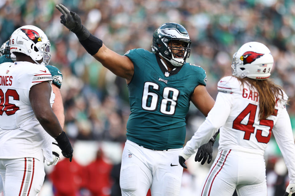 PHILADELPHIA, PA - DECEMBER 31: Jordan Mailata #68 of the Philadelphia Eagles reacts during the fourth quarter against the Arizona Cardinals at Lincoln Financial Field on December 31, 2023 in Philadelphia, Pennsylvania. .  (Photo by Tim Nwachukwu/Getty Images)