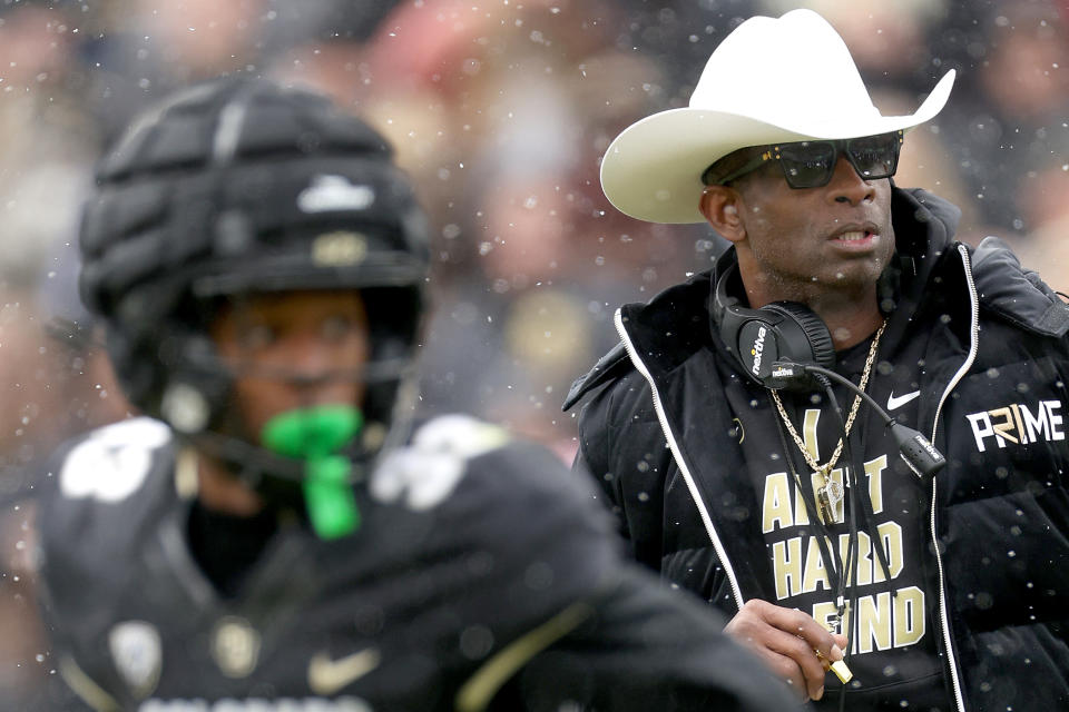 BOULDER, COLORADO – APRIL 22: Head coach Deion Sanders of the Colorado Buffaloes watches as his team plays their spring game at Folsom Field on April 22, 2023 in Boulder, Colorado. (Photo by Matthew Stockman/Getty Images)