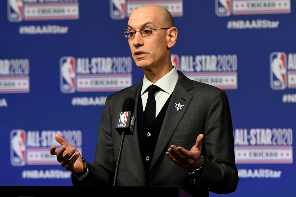 CHICAGO, ILLINOIS - FEBRUARY 15: NBA Commissioner Adam Silver speaks to the media during a press conference at the United Center on February 15, 2020 in Chicago, Illinois. NOTE TO USER: User expressly acknowledges and agrees that, by downloading and or using this photograph, User is consenting to the terms and conditions of the Getty Images License Agreement. (Photo by Stacy Revere/Getty Images)