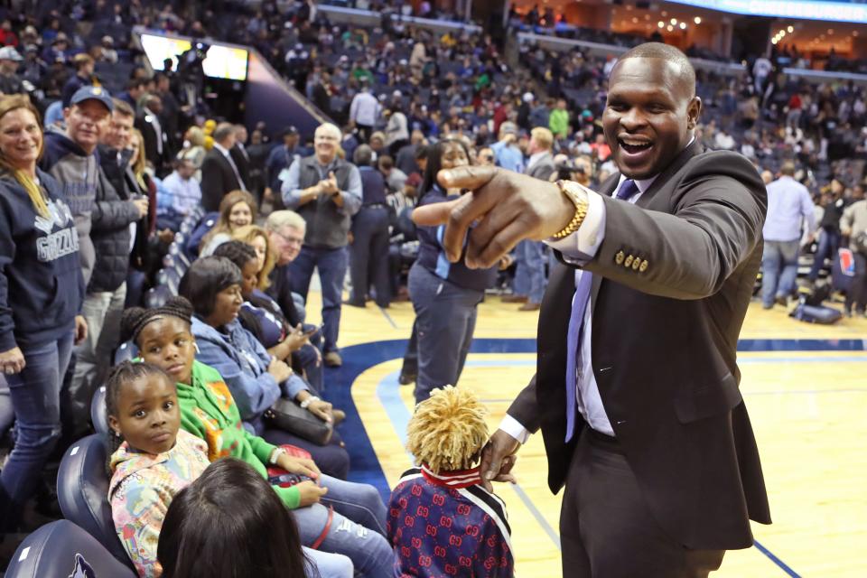 Beloved former Grizzlies star Zach Randolph interacts with fans during his return to FedExForum as an inactive member of the Sacramento Kings on November 16, 2018.