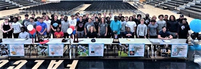 Jensen Beach celebrated five football seniors continuing their careers on Friday, May 12, 2023 in the school's gymnasium; Zack Riggins-Wilson (Warner), Jamari Graves (Seton Hill), Nate Caplan (Beloit College), Jamari Marshall (Carson-Newman) and Sebastian Dinardo (Westminster College).