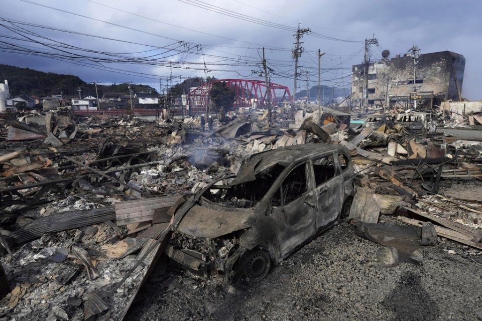 日本能登半島元旦強震後，重災區輪島市1月2日的景象。共同社／美聯社