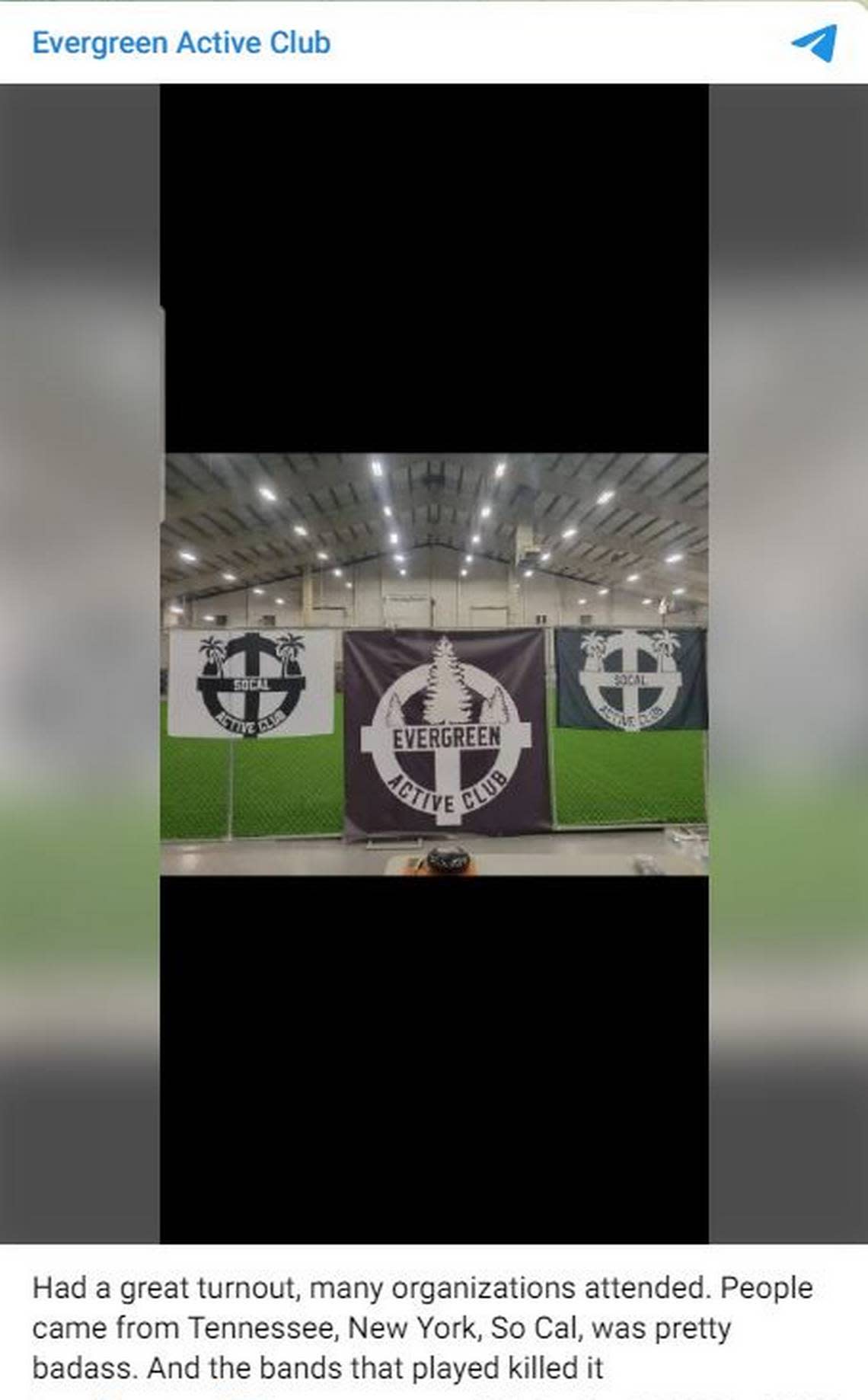 A picture posted in Evergreen Active Club’s Telegram channel shows banners hoisted up at the HAPO Center in Pasco, WA. The white supremacist fighting group lied to a sub-leaser at the facility and convinced them to host a fight event last month.
