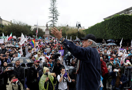 Mexican presidential pre-candidate Andres Manuel Lopez Obrador of the National Regeneration Movement (MORENA) gives a speech to supporters during a pre-campaign rally in Queretaro, Mexico February 9, 2018. REUTERS/Henry Romero