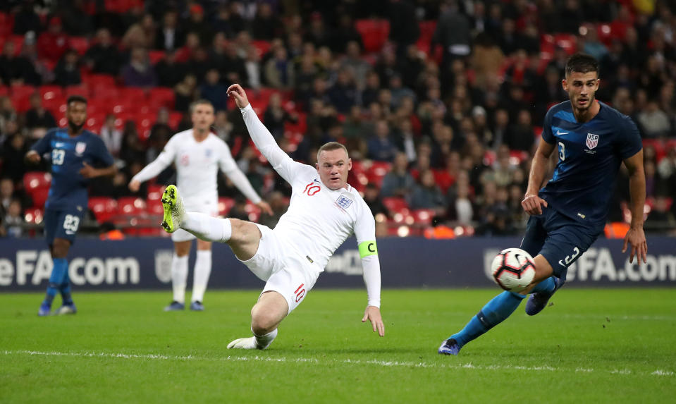 Rooney nearly gets on the end of a cross late on (Nick Potts/PA)