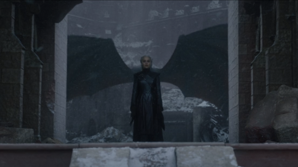 Emilia Clarke as Daenerys in front of Drogon in Game of Thrones series finale