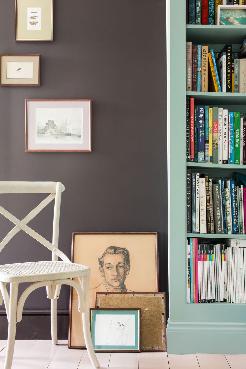 a chair and a book shelf