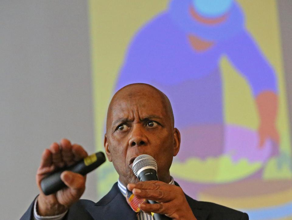 Richard Haynes of the University of New Hampshire speaks at a kickoff event for Black History Month at Portsmouth Middle School Wednesday, Feb. 1, 2023.