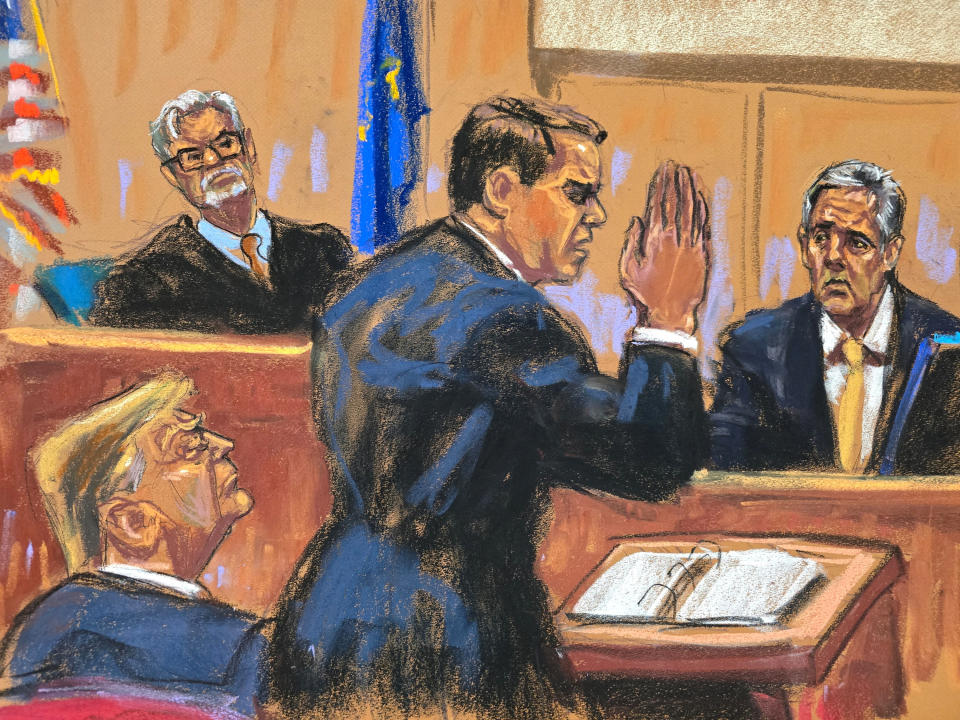 A courtroom sketch of Michael Cohen testifying in court.