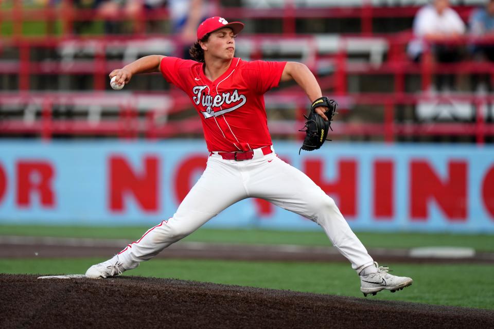 Beechwood pitcher Chase Flaherty delivers during the Kentucky Ninth Region championship game, Wednesday, May 24, 2023, at Thomas More Stadium in Florence, Ky. 