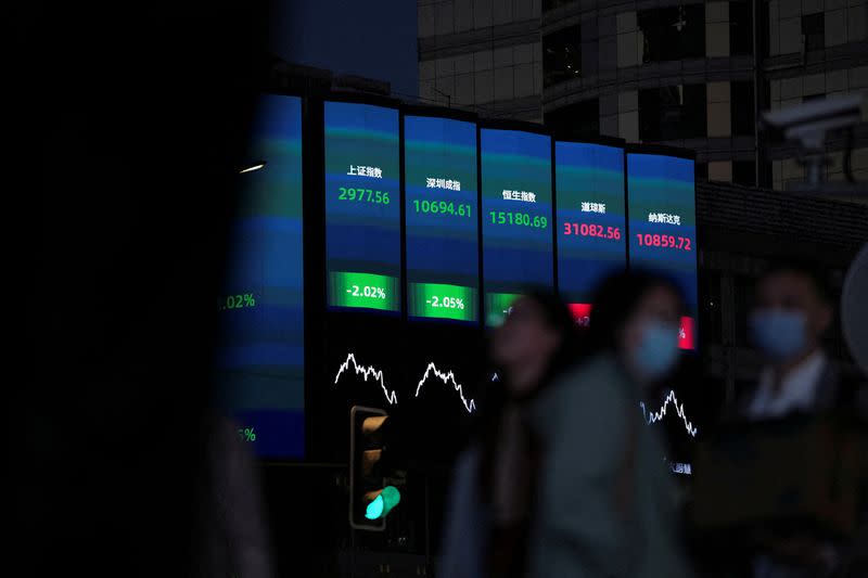 FILE PHOTO: A giant display of stock indexes in Shanghai