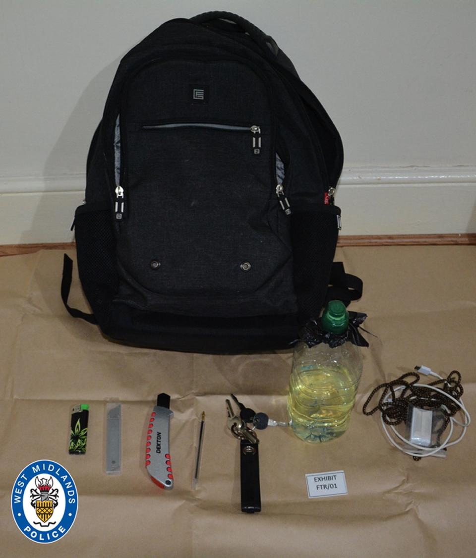 A bag recovered from the address of Mohammed Abbkr with implements that could be used to start a fire (PA)